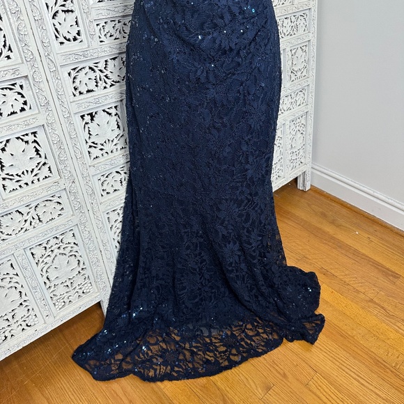Decode 1.8 Navy Blue Lace Ruched Sequin Fairycore Flowy Long Formal Gown Sz 10 - Picture 4 of 7